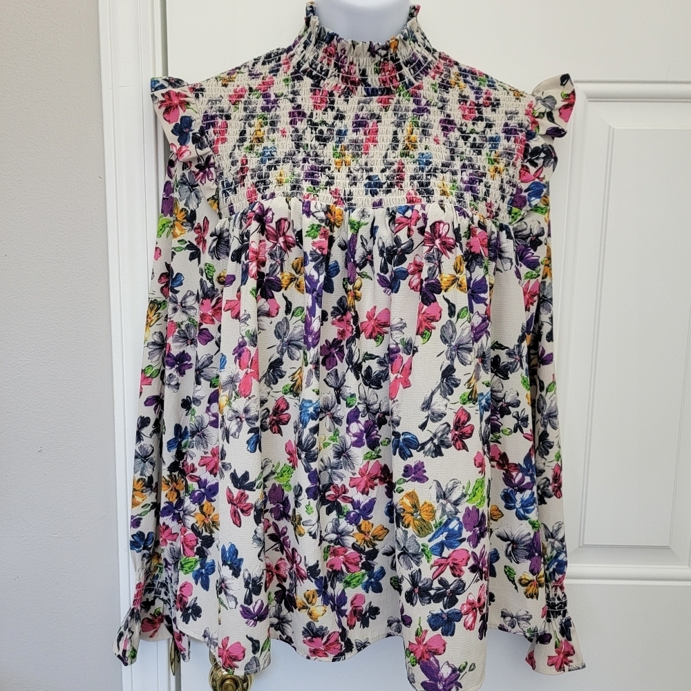 French Connection Ruffled Floral Print Blouse Smocked High Neck Size Small
